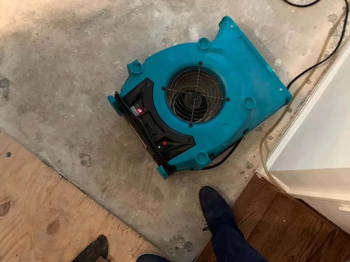 Air mover drying subfloor during Commercial Water Damage Restoration in Beverly Hills